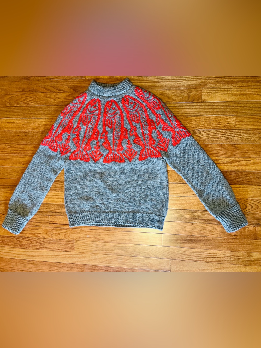 VIRAL Fish Girl Era Oversized Fair isle Grey and Red Wool Crewneck